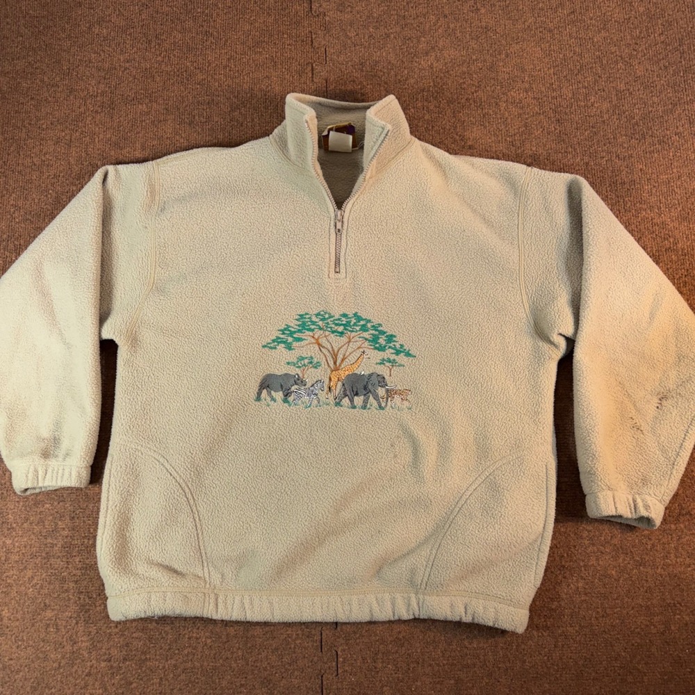 A- Peanut Butter & Jelly Safari Animals Fleece Pullover Tan Large USA Made 3001